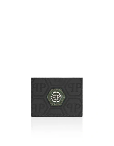 Philipp Plein Nylon And Leather Cardholder Monogram Men In Black