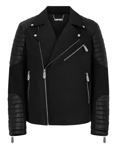 Philipp Plein Nylon Biker Jacket Eco Leather Inserts In Black