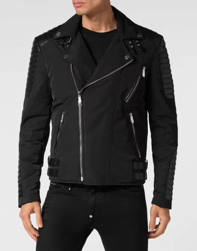 Philipp Plein Nylon Biker Jacket With Leather Padding Men In Black