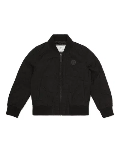 Philipp Plein Kids'  Nylon Bomber Monogram Boy In Black/black