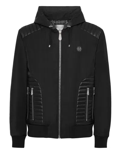 Philipp Plein Nylon Hooded Jacket Ls With Leather Inserts In Black
