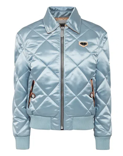 Philipp Plein Nylon Quilted Bomber Iconic Plein In Blue