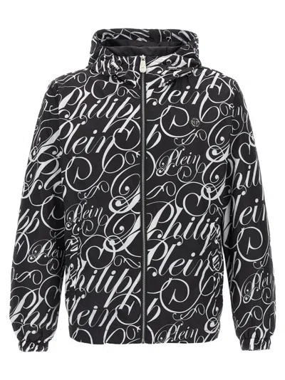 Philipp Plein Nylon Windproof Jacket With All-over Logo Print In Black