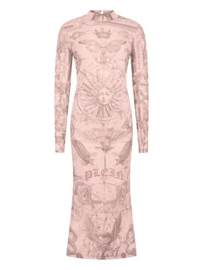 Philipp Plein Tulle Maxi Dress Open Back Butterfly Tattoo In Pink