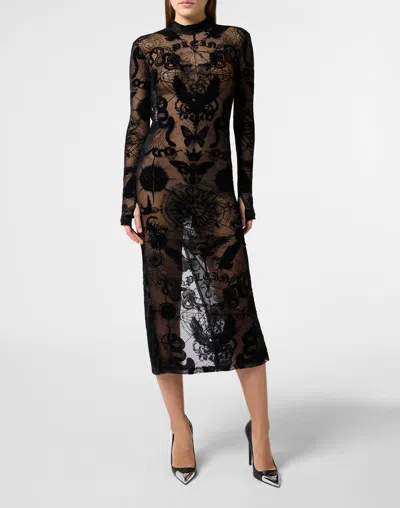 Philipp Plein Open Back Maxi Dress Flock Butterfly Tattoo In Black