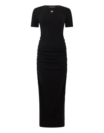 Philipp Plein Open Back Maxi T-shirt Dress Signature Pendant Signature In Black