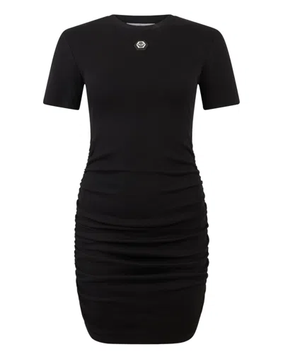 Philipp Plein Open Back Mini T-shirt Dress Signature Pendant Signature In Black