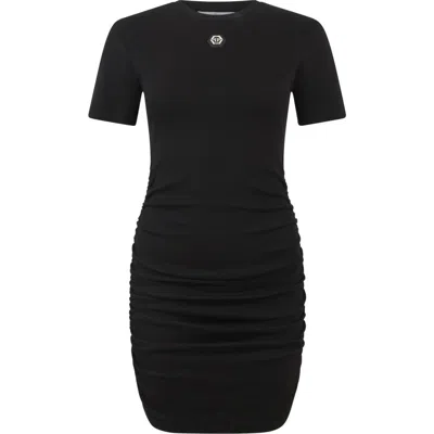 Philipp Plein Open Back Mini T-shirt Dress Signature Pendant Signature Women In Black
