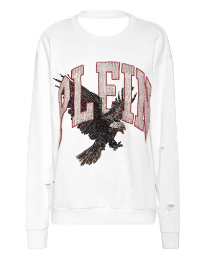 Philipp Plein Open Back Roundneck Sweatshirt Plein Eagle In White