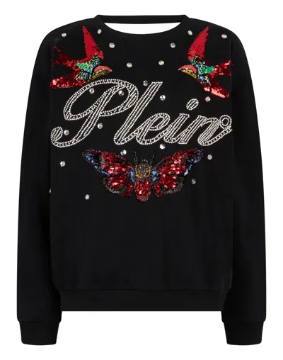 Philipp Plein Open Back Sweatshirt Tattoo Strass In Black
