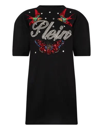Philipp Plein Open Back T-shirt Dress Tattoo Strass In Black
