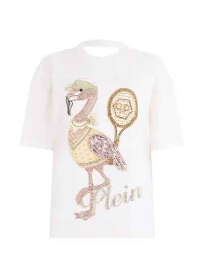 Philipp Plein Open Back Man Fit T-shirt Flamingo Crystals In Blue