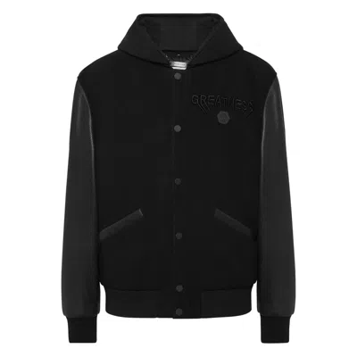Philipp Plein Logo Bomber Jacket With Hood And Leather Sleeves In Black