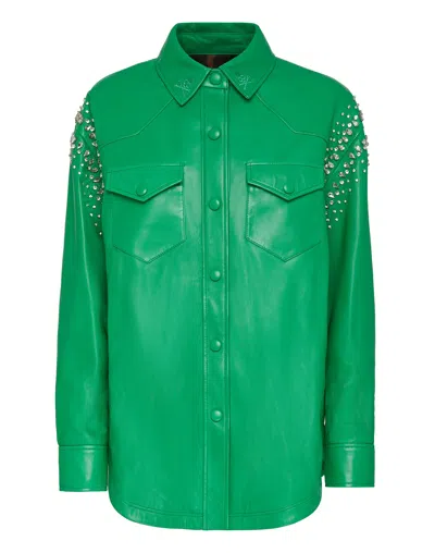 Philipp Plein Oversize Leather Shirt Crystal In Green