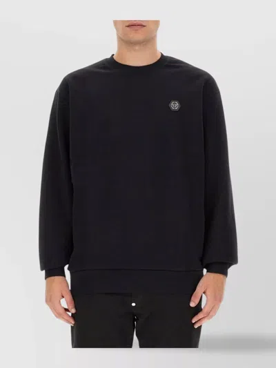 Philipp Plein Oversize Rhinestone Logo Sweatshirt With Ribbed Cuffs And Hem In Black