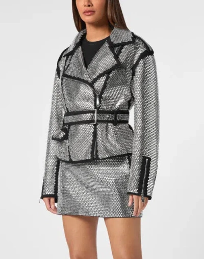 Philipp Plein Oversized Biker Jacket Crystal Women