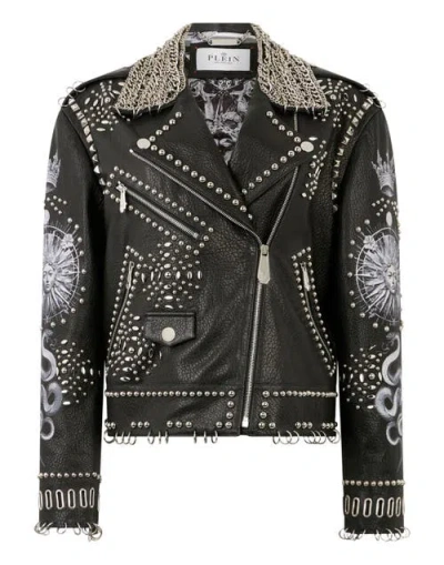 Philipp Plein Oversized Biker Jacket Studs Butterfly Tattoo Women In Black