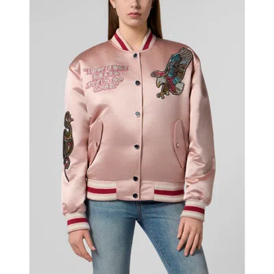 Philipp Plein Oversized Bomber Patches Strass Women In Rose/pink