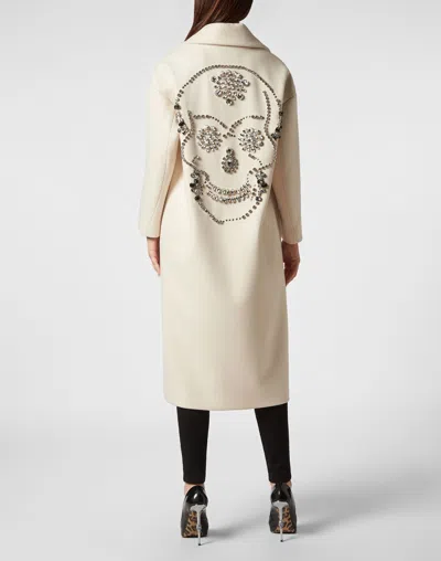 Philipp Plein Oversized Wool Long Coat Castoni Skull In Beige