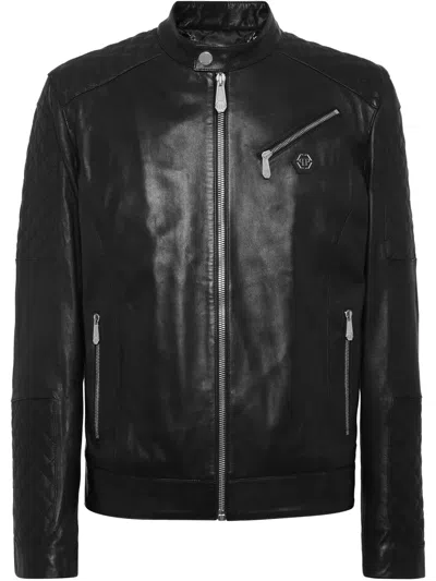 Philipp Plein Padded Leather Bomber Jacket In Schwarz