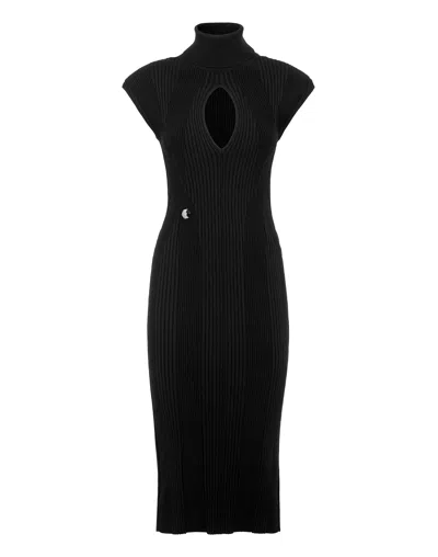 Philipp Plein Padded Shoulder Knit Midi Dress In Black