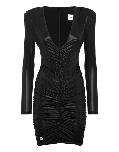Philipp Plein Padded Shoulder Lame Mini Dress In Black