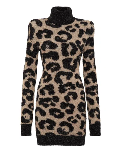 Philipp Plein Padded Shoulder Lurex Turtleneck Dress In Brown