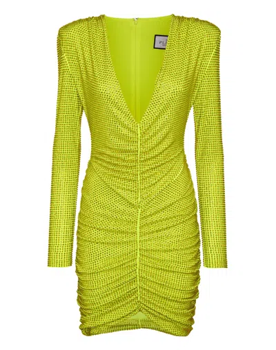 Philipp Plein Padded Shoulder Mini Dress Ls Fluo Strass In Green