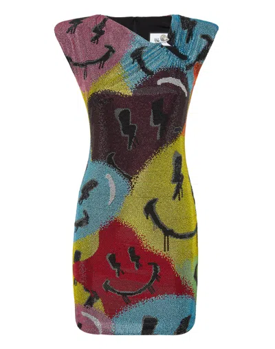 Philipp Plein Crystal Smile Padded-shoulder Mini Dress In Multi