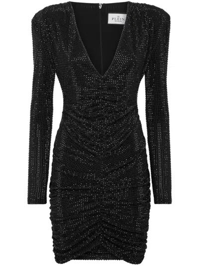 Philipp Plein Padded-shoulder Strass Mini Dress In Black