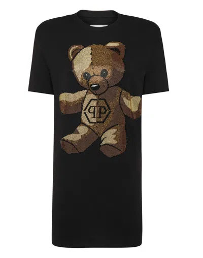 Philipp Plein Padded Shoulder T-shirt Dress With Crystals Teddy Bear In Black