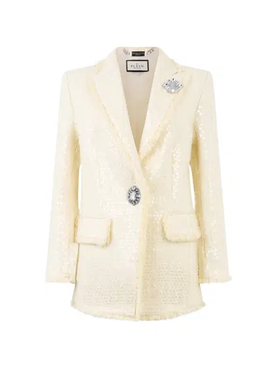 Philipp Plein Paillettes Tweed Blazer In Neutral