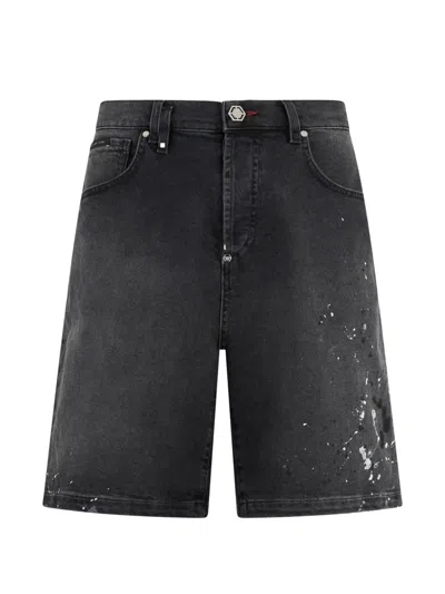 Philipp Plein Denim Shorts Paint Men In Black