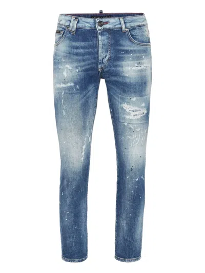 Philipp Plein Paint-splatter Distressed Jeans In Blue