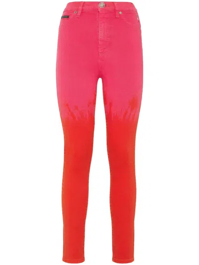 Philipp Plein Paint-splatter High-waist Jeans In Pink