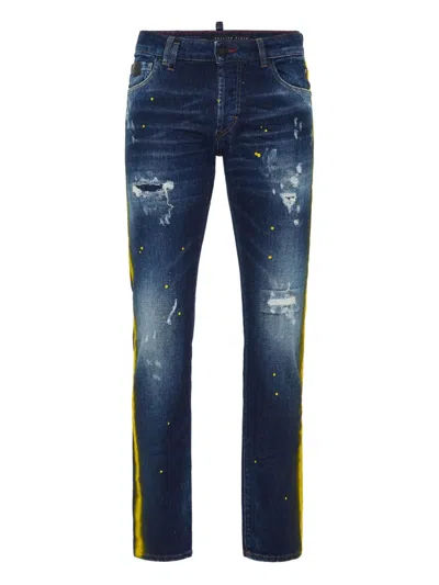 Philipp Plein Paint-splatter Stripe Jeans In Blue