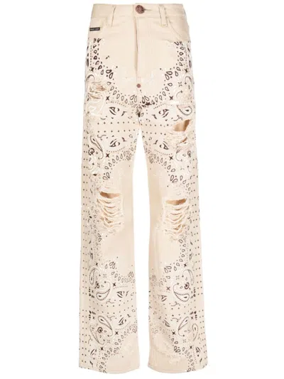 Philipp Plein Paisley-print Cotton Jeans In Neutrals