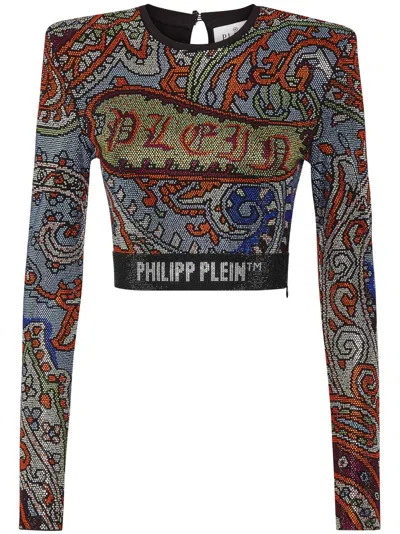 Philipp Plein Paisley Rhinestone-embellished Crop Top In Multicolour