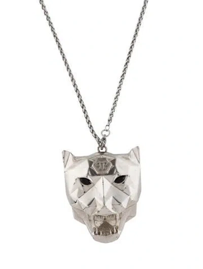 Pre-owned Philipp Plein Panther Pendant Necklace, 24.25" In Black