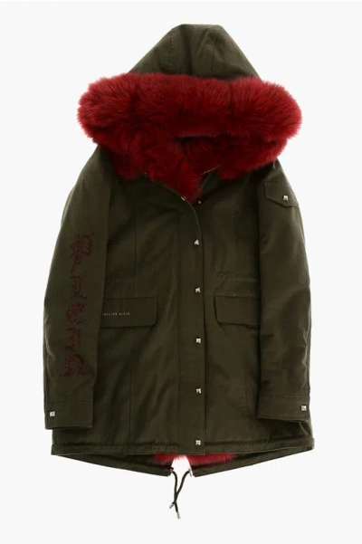 Philipp Plein Parka Luxury With Removable Inner And Real Fur Detail In Green