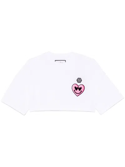 Philipp Plein Short Sleeve Cropped Round-neck Patches T-shirt In White