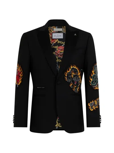 Philipp Plein Patch-detail Peak-lapel Blazer In Black