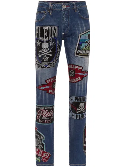 Philipp Plein Patches Strass Super-straight Jeans In Blue