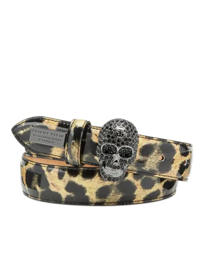 Philipp Plein Patent Leather Belt Leopard In Black