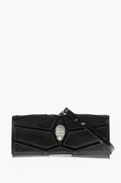 Philipp Plein Patent Leather Clutch With Snakeskin Details
