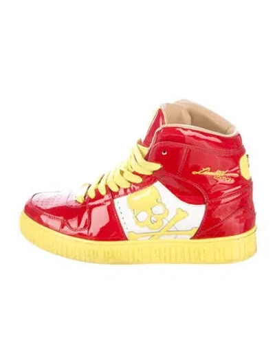 Pre-owned Philipp Plein Patent Leather Graphic Print Athletic Sneakers In Red
