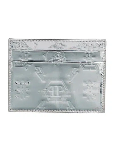Pre-owned Philipp Plein Patent Leather Graphic Print Card Holder In Silver
