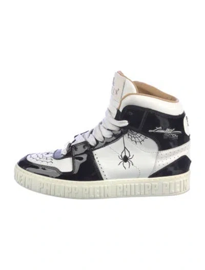 Pre-owned Philipp Plein Patent Leather Graphic Print Chunky Sneakers In White