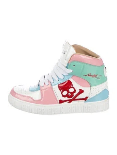 Pre-owned Philipp Plein Patent Leather Graphic Print Sneakers In White