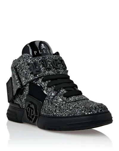 Philipp Plein Patent Leather Mid-top Sneakers With Glitter Gothic Plein In Black